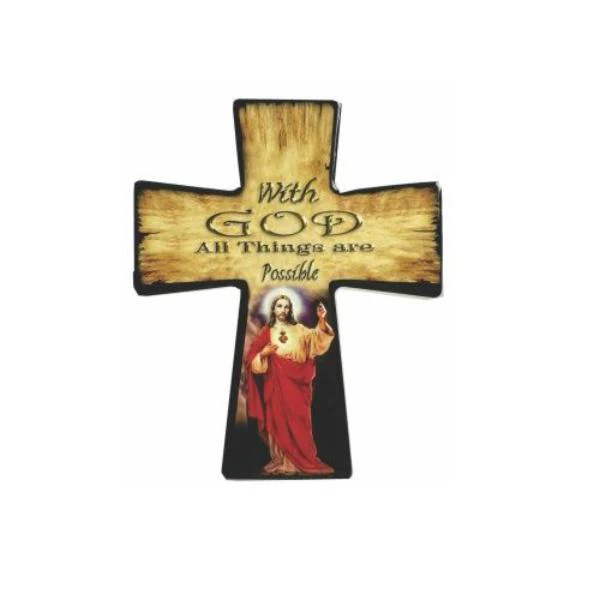 Ceramic Cross Shape Religious Stand With Image Of Jesus In Red Robe - 10cm x 12.5cm