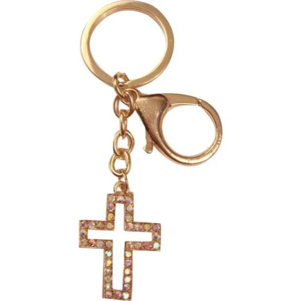 Gold Hollow Out Diamante Cross Keyring - 2.5cm x 3.2cm