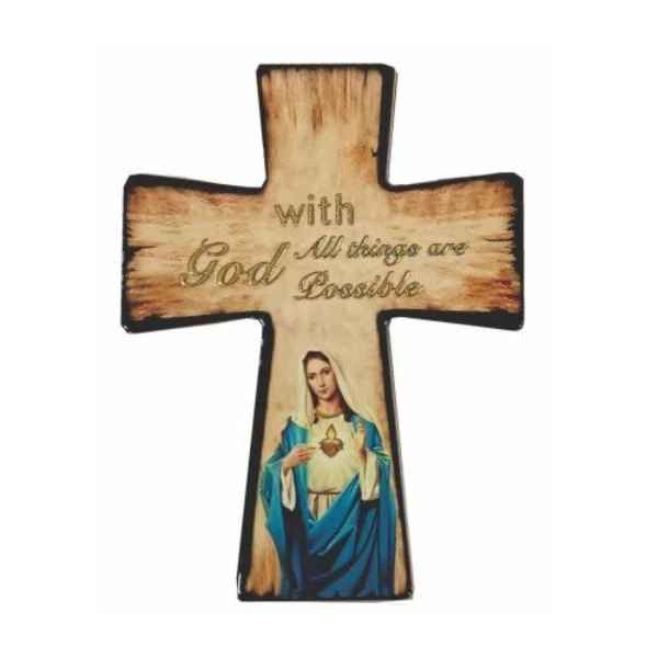 Ceramic Cross Shape Religious Stand With Image Of Mary In Blue Robe - 15cm x 20cm