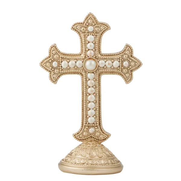 Gold & Silver Poly Cross With Pearls - 16cm x 10cm x 24.5cm