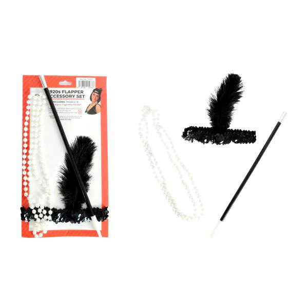 Deluxe Sequin Flapper Headband, Pearls & Cig Holder Set