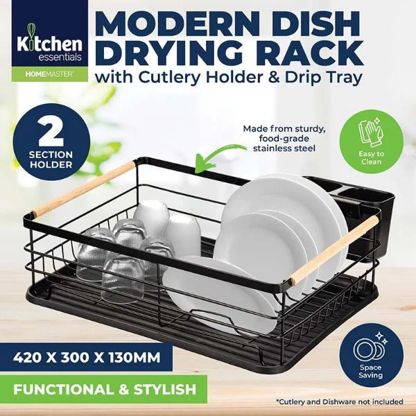 Black Modern Dish Drying Rack With Cutlery Holder & Drip Tray 42cm x 30cm x 13cm - Image 2