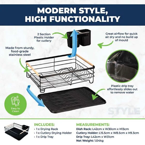 Black Modern Dish Drying Rack With Cutlery Holder & Drip Tray 42cm x 30cm x 13cm - Image 4