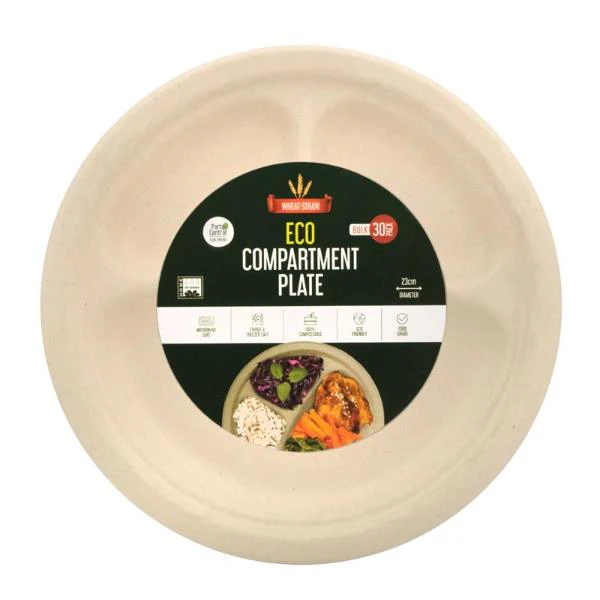 30 Pack Eco-Friendly Wheat Straw Compartment Plates - 23.5cm