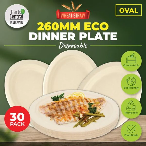 30 Pack Oval Eco Friendly Wheat Straw Dinner Plate - 26cm - Image 2
