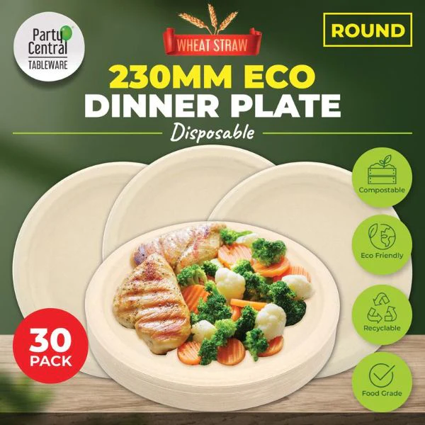 30 Pack Round Eco Friendly Wheat Straw Dinner Plate - 23cm
