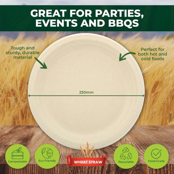 30 Pack Round Eco Friendly Wheat Straw Dinner Plate - 23cm - Image 3