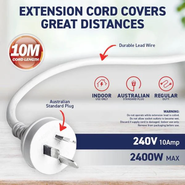 White 240V 10A Max Load 2400W Extension Lead - 10m - Image 4