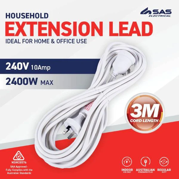 White 240V 10A Max Load 2400W Extension Lead - 3m - Image 2