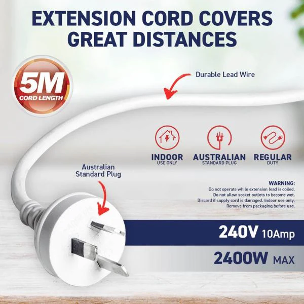 White 240V 10A Max Load 2400W Extension Lead - 5m - Image 4
