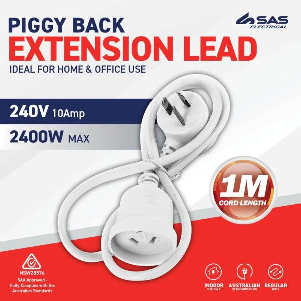 White 240V 10A Max Load Piggy Back Extension Lead - 1m - Image 2