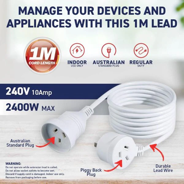 White 240V 10A Max Load Piggy Back Extension Lead - 1m - Image 4