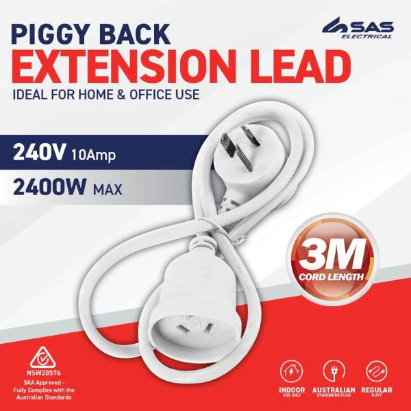 White 240V 10A Max Load Piggy Back Extension Lead - 3m - Image 2