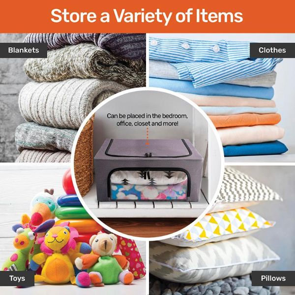 Grey Fabric Foldable 44L Storage Box With Clear Window - 50cm x 40cm x 22cm - Image 3