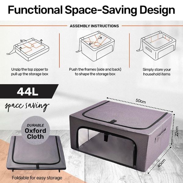 Grey Fabric Foldable 44L Storage Box With Clear Window - 50cm x 40cm x 22cm - Image 4
