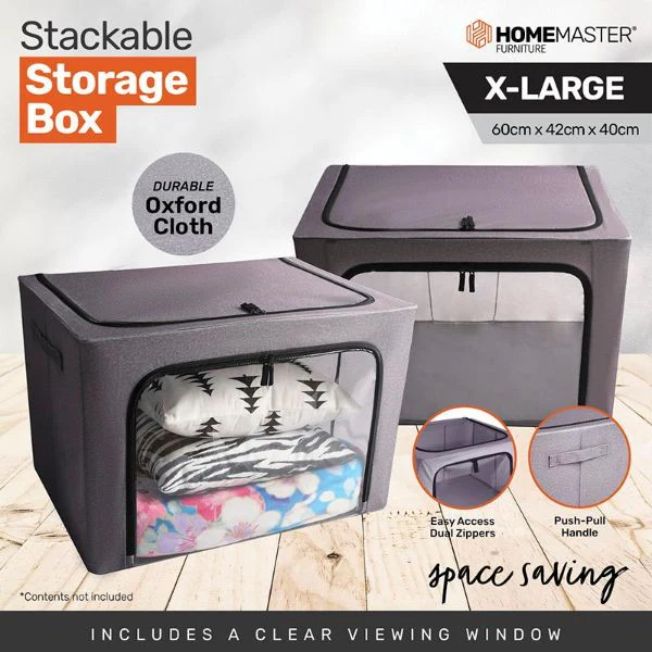 Grey Fabric Foldable 100L Storage Box With Clear Window - 60cm x 42cm x 40cm - Image 2