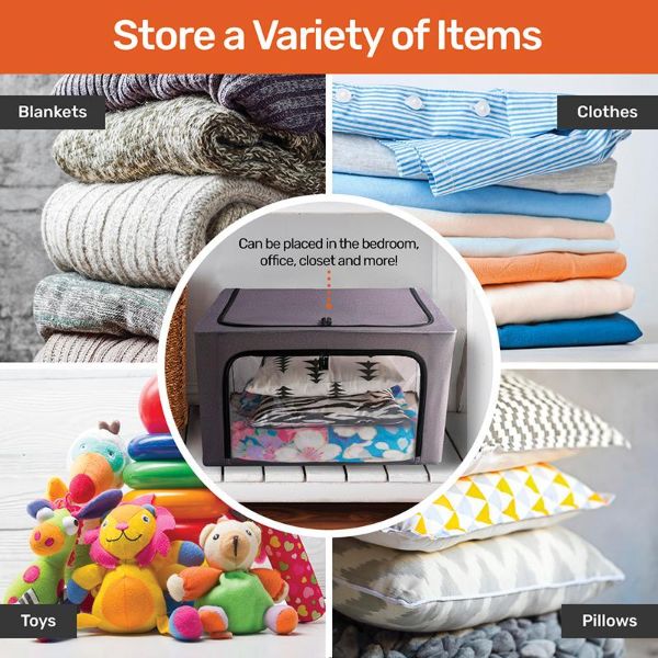 Grey Fabric Foldable 100L Storage Box With Clear Window - 60cm x 42cm x 40cm - Image 3