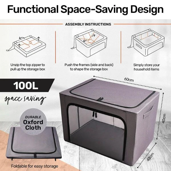 Grey Fabric Foldable 100L Storage Box With Clear Window - 60cm x 42cm x 40cm - Image 4
