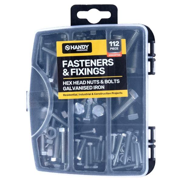 112 Pack Galvanised Iron Assorted Fasteners & Fixings Hex Head Nuts & Bolts In Storage Case
