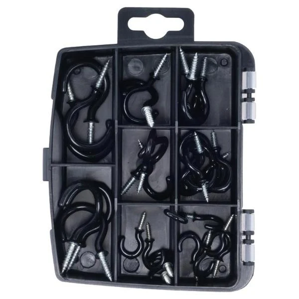 30 Pack Black PVC Assorted Fasteners & Fixings Screw Hooks In Storage Case - Image 3