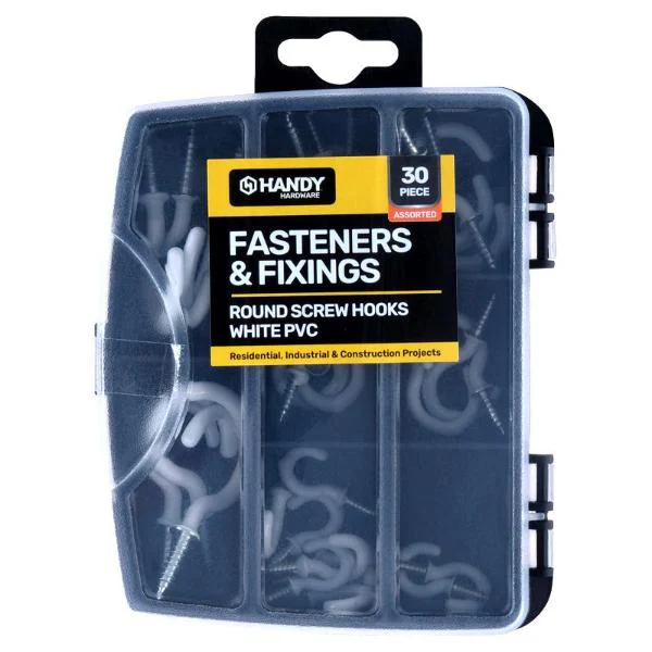 30 Pack White PVC Assorted Fasteners & Fixings Screw Hooks In Storage Case