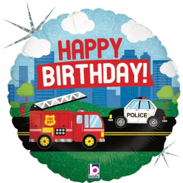 Round Holographic Emergency Vehicle Birthday Foil Balloon - 45cm