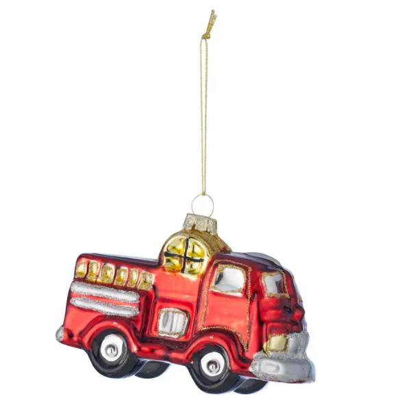Firetruck Ornament Glass 10cm Shiny Red