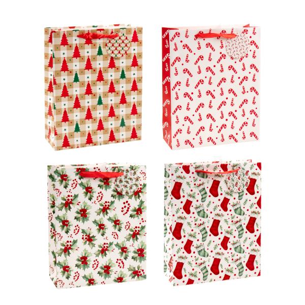 Assorted Christmas Flocked 210gsm With Hook Gift Bag - Medium