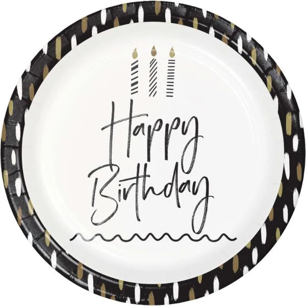8 Pack Golden Wishes Happy Birthday Round Paper Plates - 23cm
