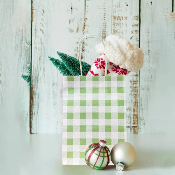 10 Pack Green Gingham Paper Bag - 15cm x 8cm x 12cm - Image 3