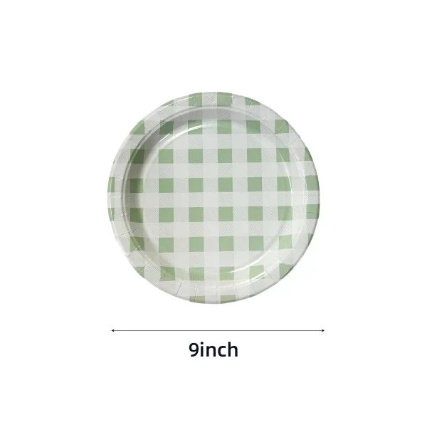 20 Pack Round Green Gingham Paper Plate - 22cm - Image 3