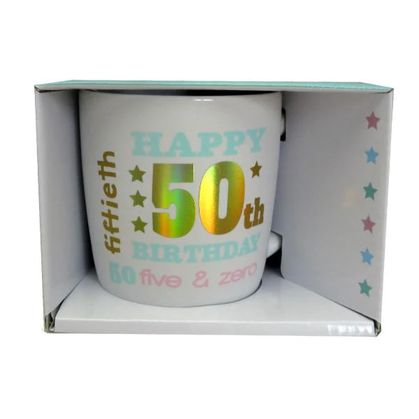Ceramic Happy 50th White Gold Foil Mug - 350ml - Image 4