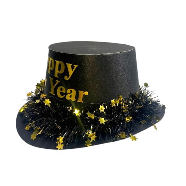 Round Gold Or Silver Happy New Year Hat With Tinsel - Image 2