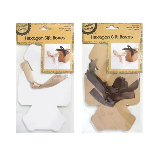 3 Pack Hexagon Gift Box With Ribbon - 8.5cm x 7.5cm x 5.5cm