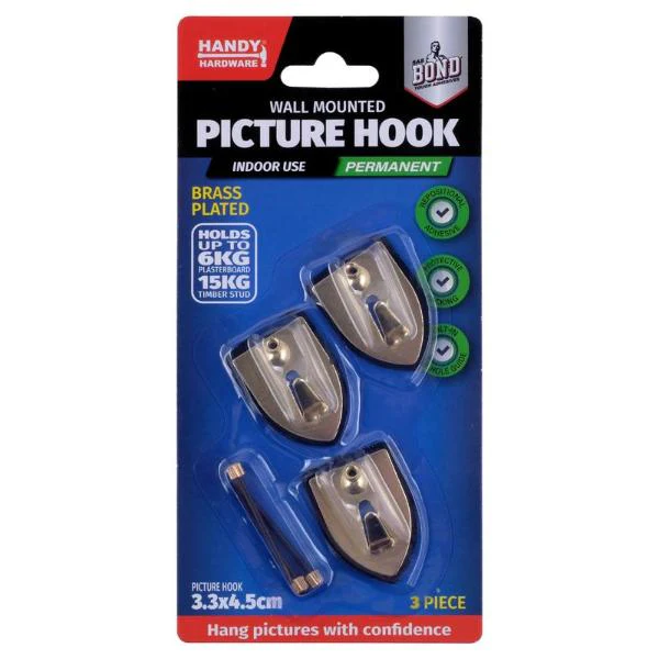 3 Pack Brass Plated Wall Mounted Hook Picture