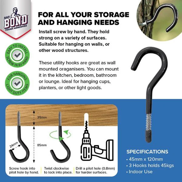 3 Pack Black Round Screw Hook - 11.5cm x 4.5cm - Image 4