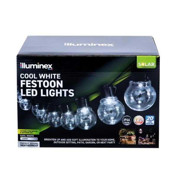 20 Pack Illuminex Cool White Solar Festoon 2 Functions Led Lights