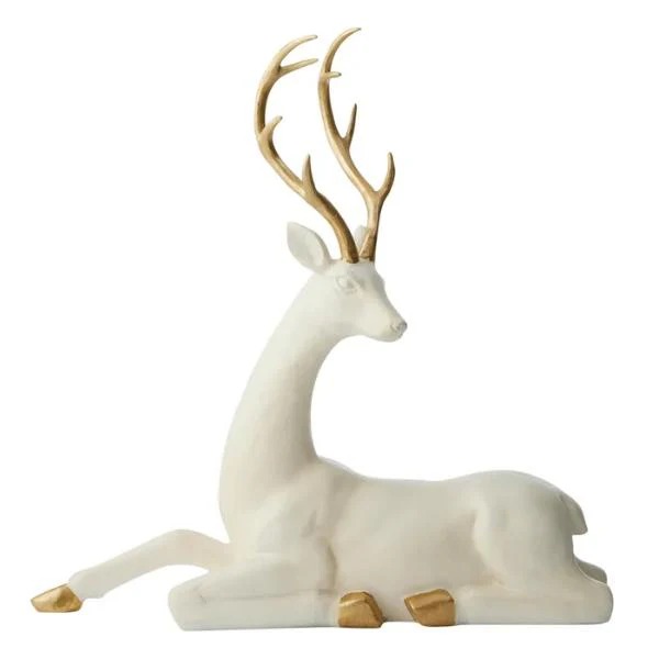 Gold & White Polyresin Laying Deer - 39cm x 11cm