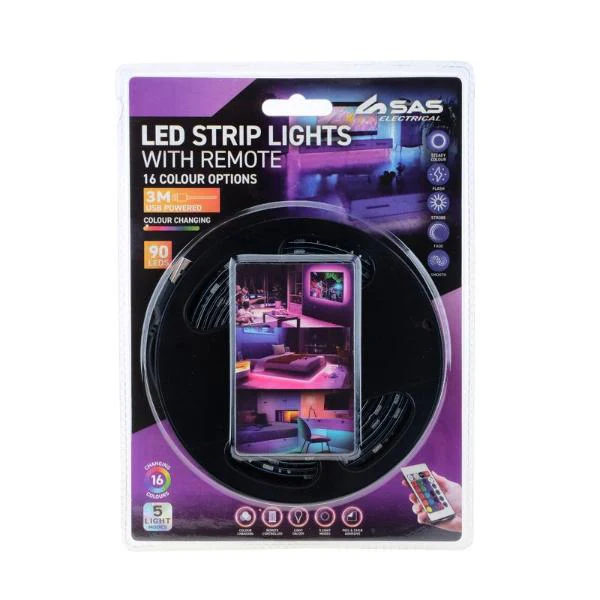 5 Feature Modes Usb Powered Led Strip Light With Remote - 300cm