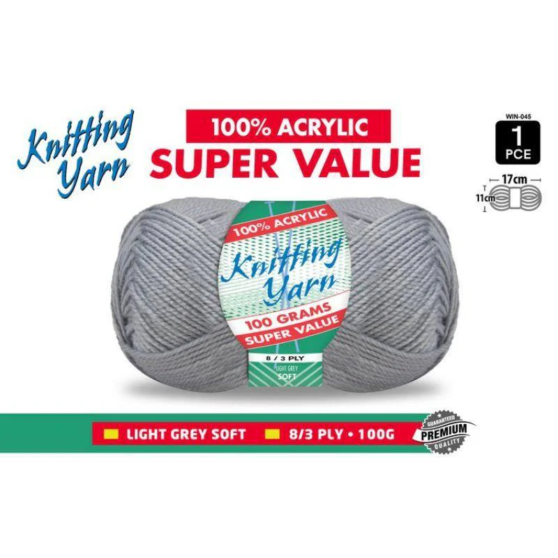 Light Grey Knitting Yarn 8 Ply - 100g