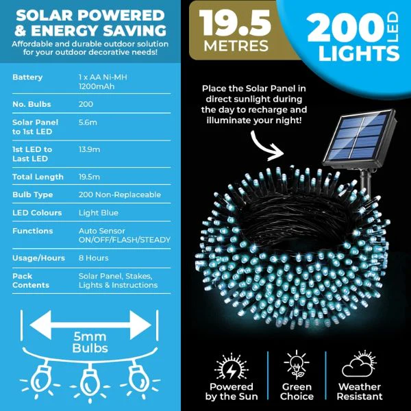 Blue Led Solar Weather Resistant Fairy Lights - 19.5m - Image 2