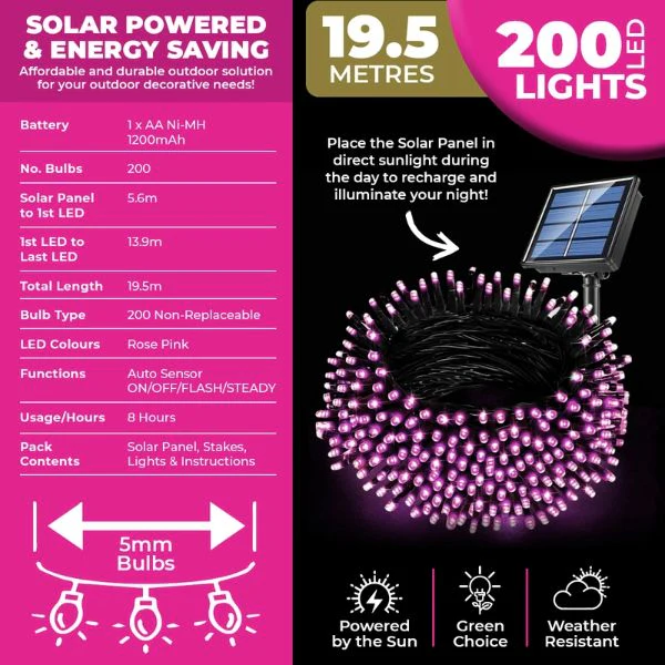 Pink Led Solar Weather Resistant Fairy Lights - 19.5m - Image 2