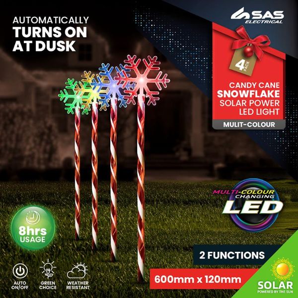 4 Pack LED Snowflake Candy Cane Solar Light Stake - 12cm x 10cm x 60cm