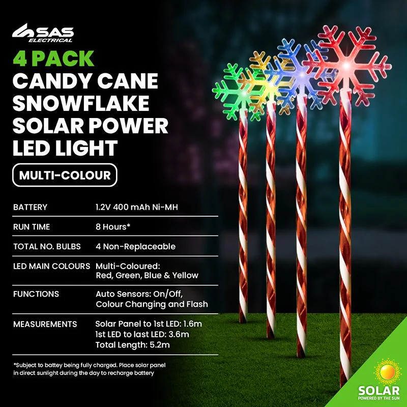 4 Pack LED Snowflake Candy Cane Solar Light Stake - 12cm x 10cm x 60cm - Image 2