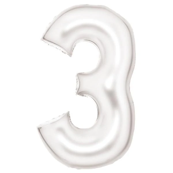 Large Silk Lustre White Number 3 Foil Balloon - 53cm x 87cm