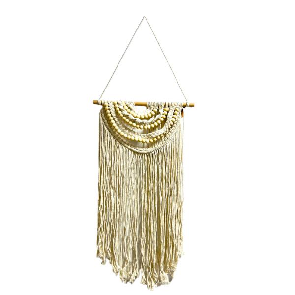White Macrame With Wooden Beads Wall Decor - Image 2