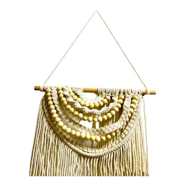 White Macrame With Wooden Beads Wall Decor - Image 3