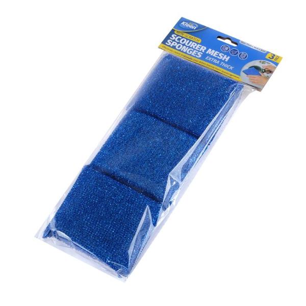 3 Pack Blue Mesh Sponge Scourer - 11cm x 8cm x 3cm - Image 3