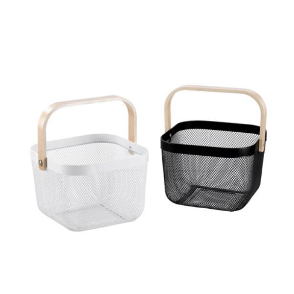 Birch Wood Handle White Mesh Storage Basket - 25cm x 25cm x 17cm - Image 2