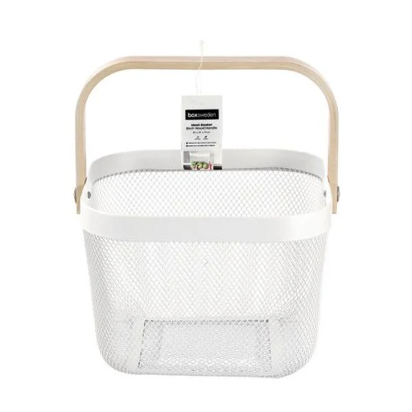 Birch Wood Handle White Mesh Storage Basket - 25cm x 25cm x 17cm - Image 3
